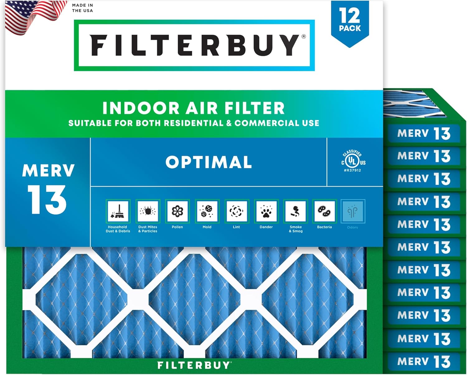 Filterbuy 24.5x24.5x1 Air Filter MERV 13 Optimal Smoke & Allergy Defense (12-Pack), Electrostatic Pleated HVAC AC Furnace Filters Replacement, Made in USA (Actual Size: 24.50 x 24.50 x 0.75)