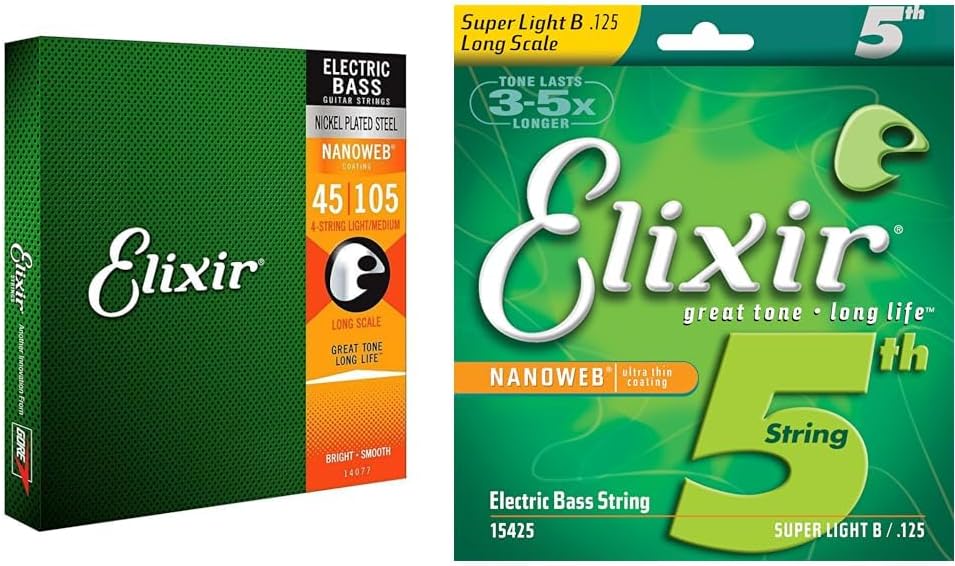 Elixir Strings Nickel Plated Steel 4-String Bass Strings w NANOWEB Coating & Strings Nickel Plated Steel with NANOWEB® Coating, Custom Bass 5th String Single, Super Light B
