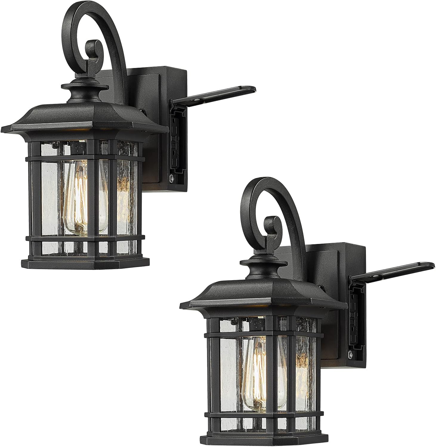 zeyu 2 Pack Outdoor Light with Built-in GFCI Outlet - Exterior Light Fixture for Front Porch House with Seeded Glass, Black Finish, ZW40B-G-2PK BK