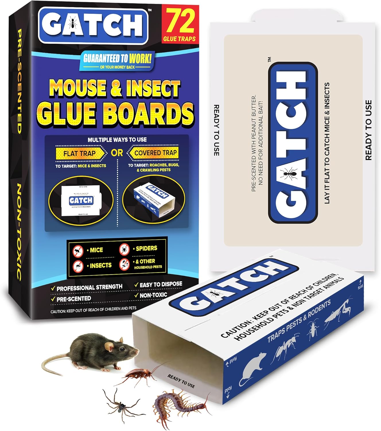 Mouse & Insect Glue Boards (100 Pack), Sticky Mouse Traps Indoor for Home, Pre-Baited Glue Traps for Mice Rodent Rat Bugs Cockroach, Adhesive Roach Traps Indoor, House Pet Safe Pest Control
