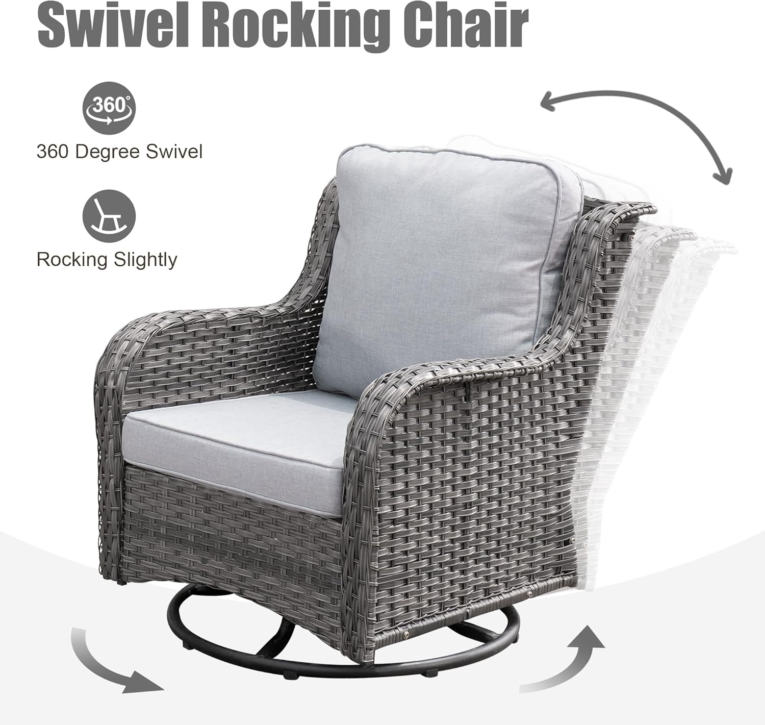 HOOOWOOO Patio Outdoor Furniture Set with Propane Fire Pit Table Swivel Chair,6 Piece High Back Wicker Couch Sofa Set,Outside Weather Resistant Conversation Seating Set w Curve Arm(Light Gray)