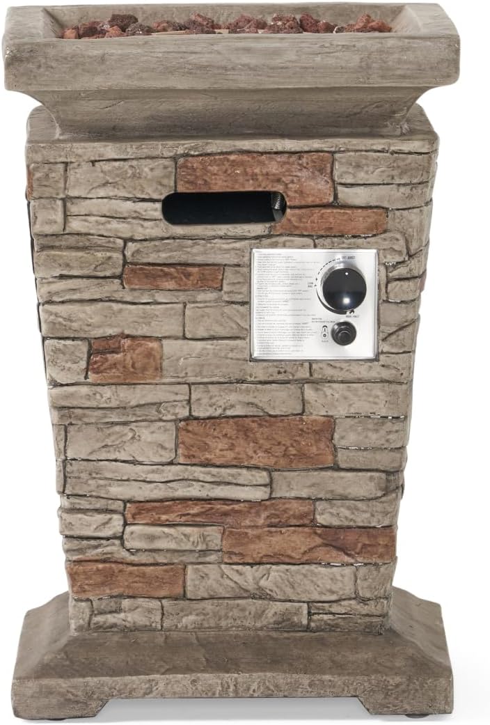 19.5-inch Natural Stone Finish Fire Column, 40,000 BTU Outdoor MGO Propane Fire Pit with Built-in Tank Space & Lava Rocks for Patio and Backyard