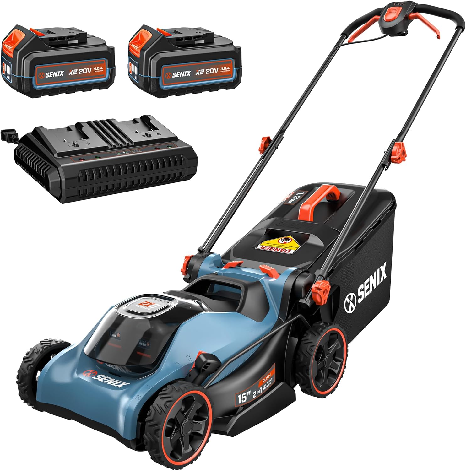 SENIX 40V 15'' Cordless Lawn Mower - 1.3 Bushels Grass Bag, (2) 4Ah Batteries & 3.0A Charger Included