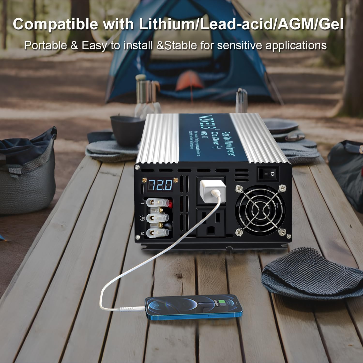 WZRELB 4000W Pure Sine Wave Inverter, Car Power Inverter 72V DC to 110V 120V AC Converter for RV, Truck, Solar, Outdoor with Dual AC Outlets, Hardwire Port, Surge 8000W, LED Display,Off-Grid