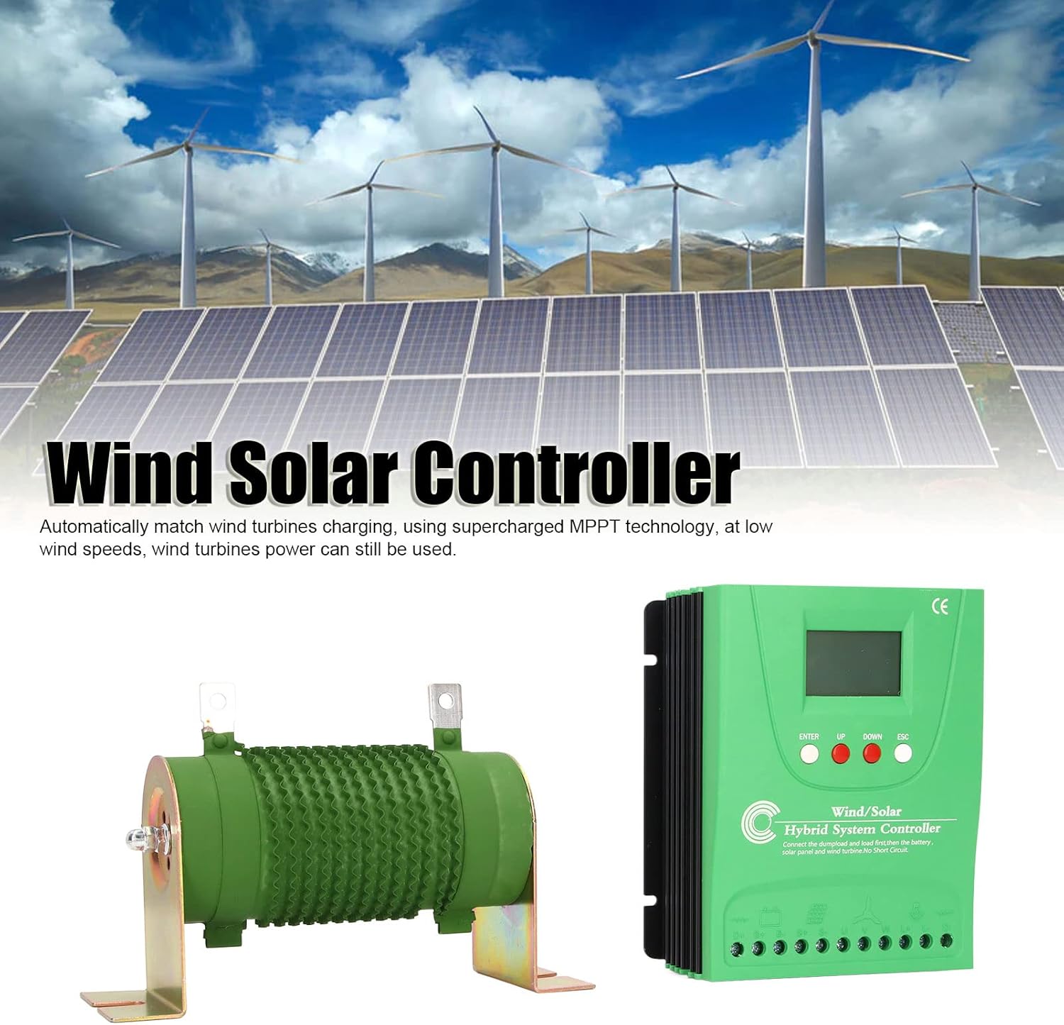 Wind Solar Hybrid Charge Controller, 24V 48V MPPT Boost Charge Regulator with LCD Display and Dump Load, for Off Grid Wind Solar Hybrid Systems (GPI48280)