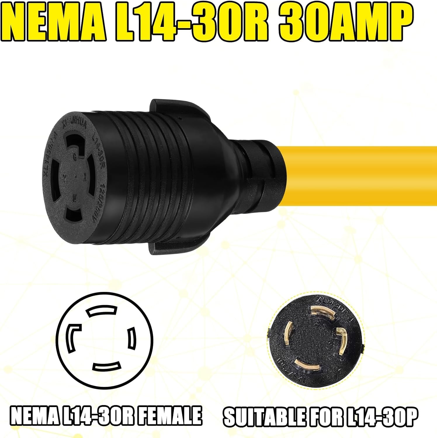 25 FT 5-15P to L14-30R Adapter Cord Generator Transfer Switch, Generator House Inlet Box Adapter, 15Amp 3Prong 5-15 Male to 30Amp 4Prong L14-30 Locking Female, 10 AWG, ETL Listed