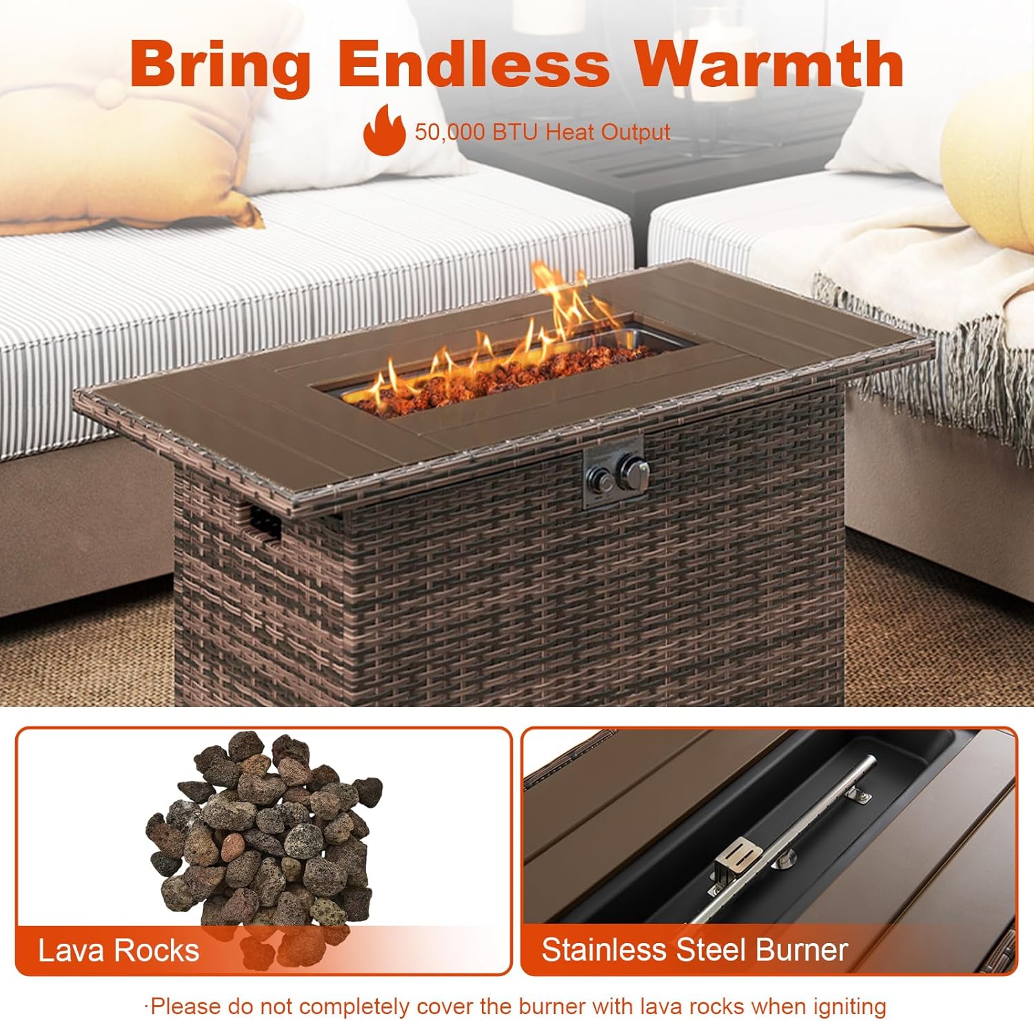 Tangkula 44.5 Inch Propane Fire Pit Table, Outdoor Rattan Gas Firepit with Metal Slatted Tabletop & Stainless Steel Burner, Rectangle Fire Pit with Lava Rocks & Protective Cover for Outside Patio