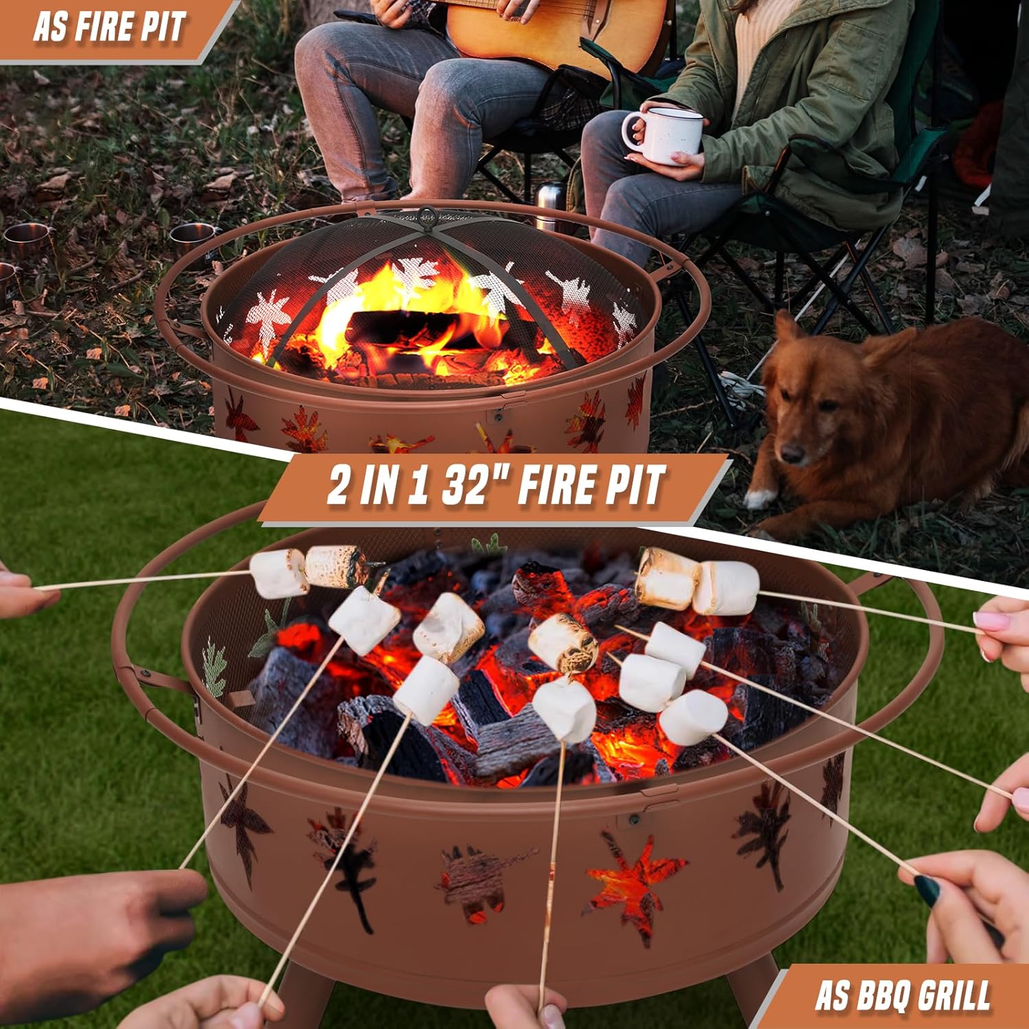 32 Inch Outdoor Fire Pit, 2 in 1 Metal Round Wood Burning Fire Pit, Maple Leaf Cutout Large Fireplace Firepits for Outside Patio Backyard Bonfire BBQ with Spark Screen, Poker, Grate, Gold