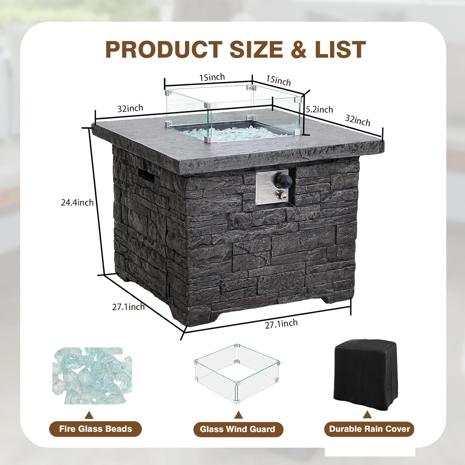 4-Piece Propane Fire Pit Table Set w Glass Wind Guard & Fire Glass Beads & Rain Cover, 35-Inch Square Outdoor Gas Fire Table 50,000 BTU for Patio, Black Terrazzo with Slate-Stone Look