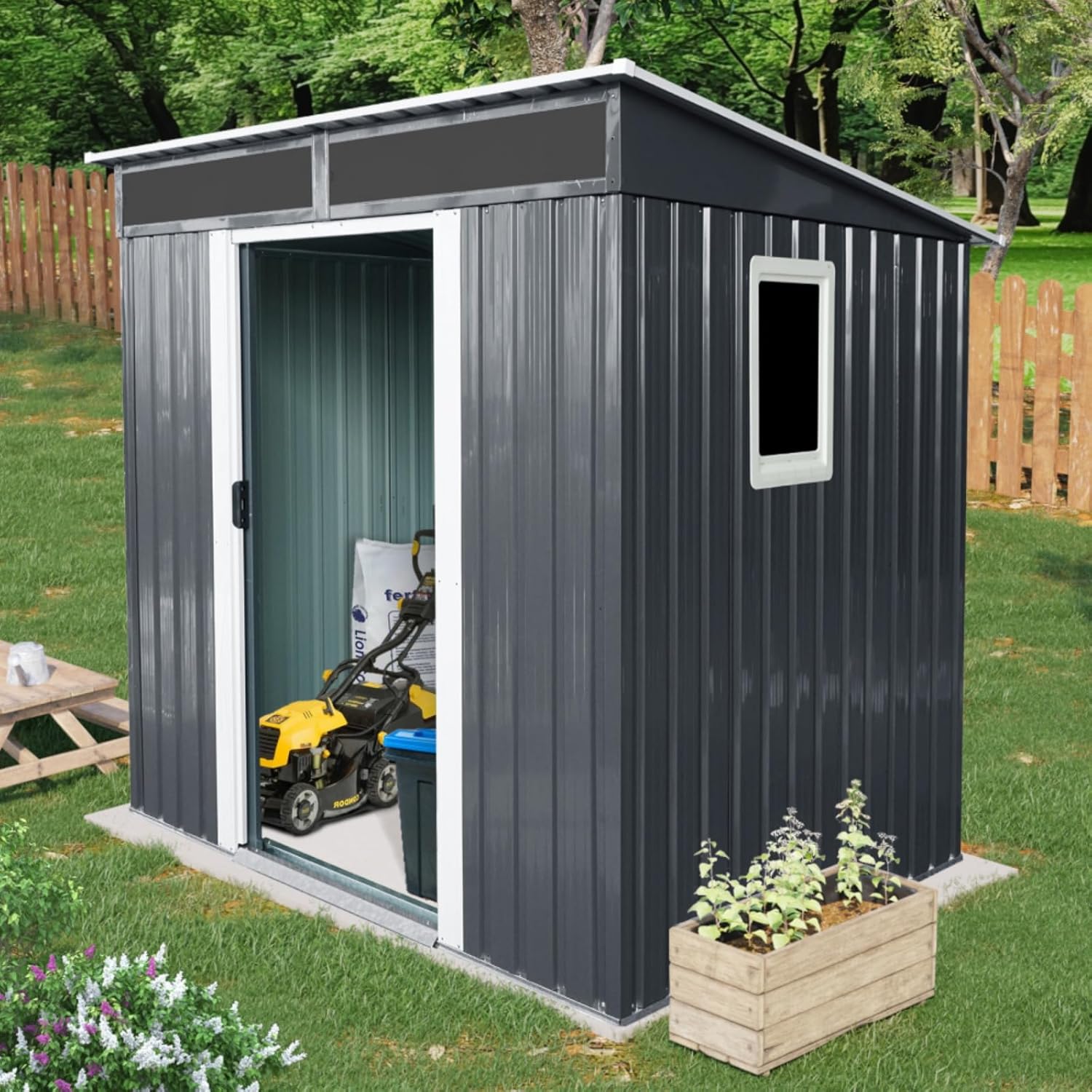 6 x 5FT Outdoor Metal Storage Shed with Window and Metal Foundation for Backyard & Garden Tools, Lawn, Patio, Garden Tool House with Double Sliding Doors, White & Grey (Black White + Wndow)