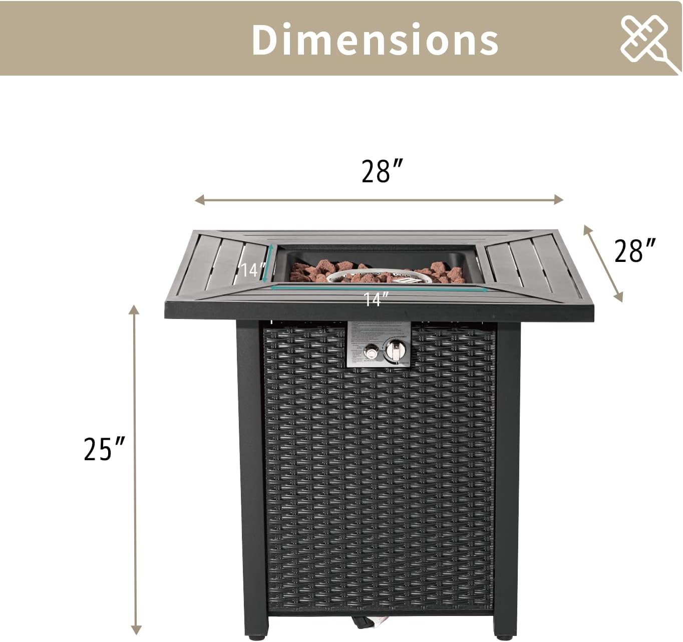 Outdoor Propane Fire Pit Table, 31 Inch 40,000BTU Black Brown Square Iron Gas Fire Table w Lid, Lava Rocks, Cover