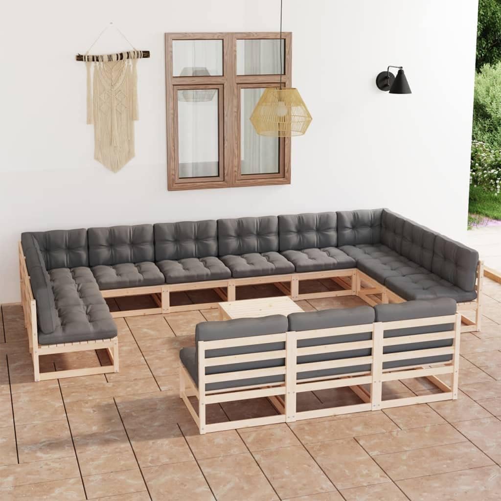 14 Piece Patio Lounge Set with Cushions Solid Pinewood, Patio Furniture Sets, Outdoor Furniture