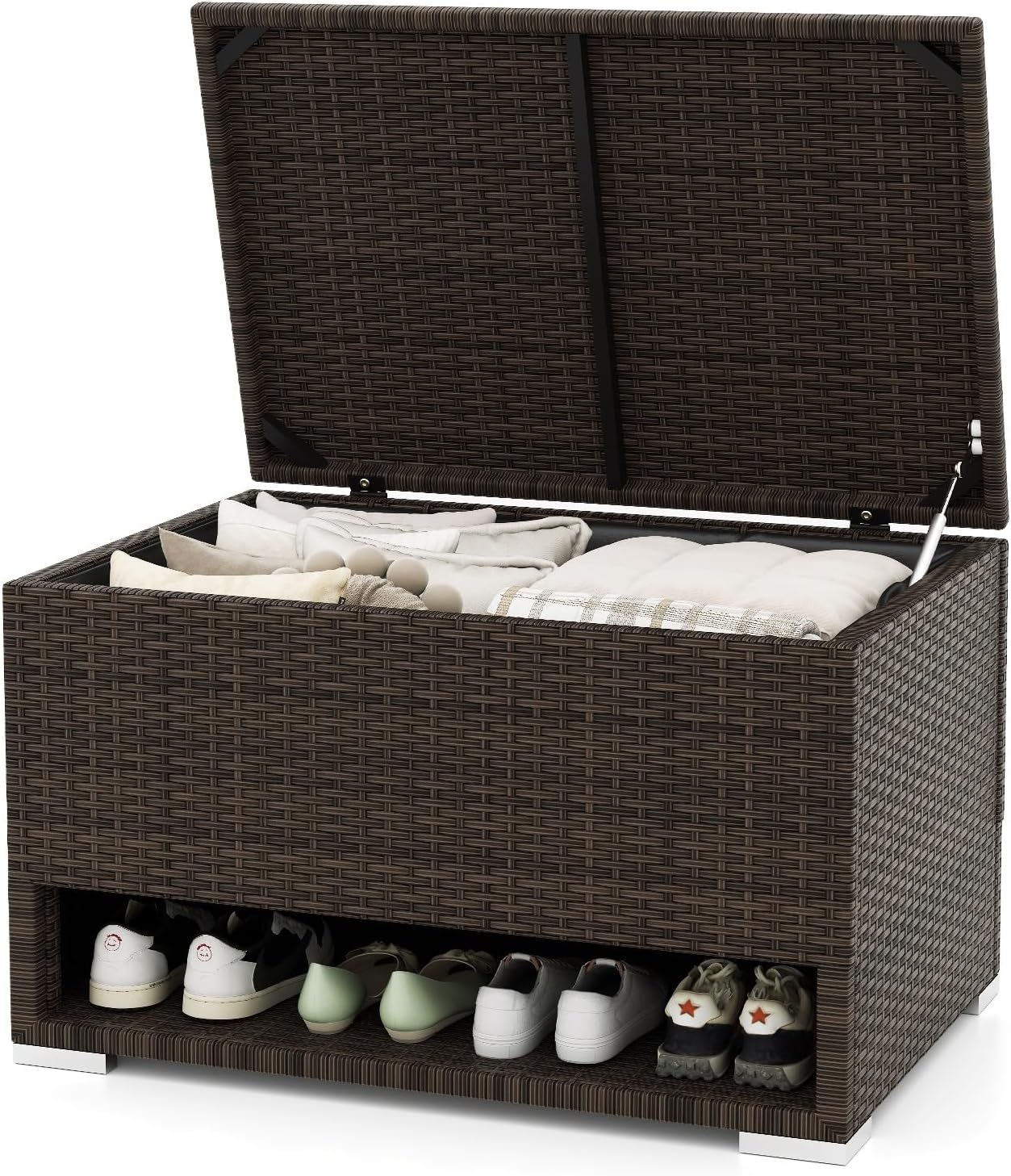RELAXLIFE 48-Gallon Outdoor Storage Box - PE Wicker Patio Storage Bin w/Shoe Rack Shelf, Protective Liner for Cushion, Garden Tools, Pool Supplies, Backyard Pillows, Outside Furniture Rattan Deck Box