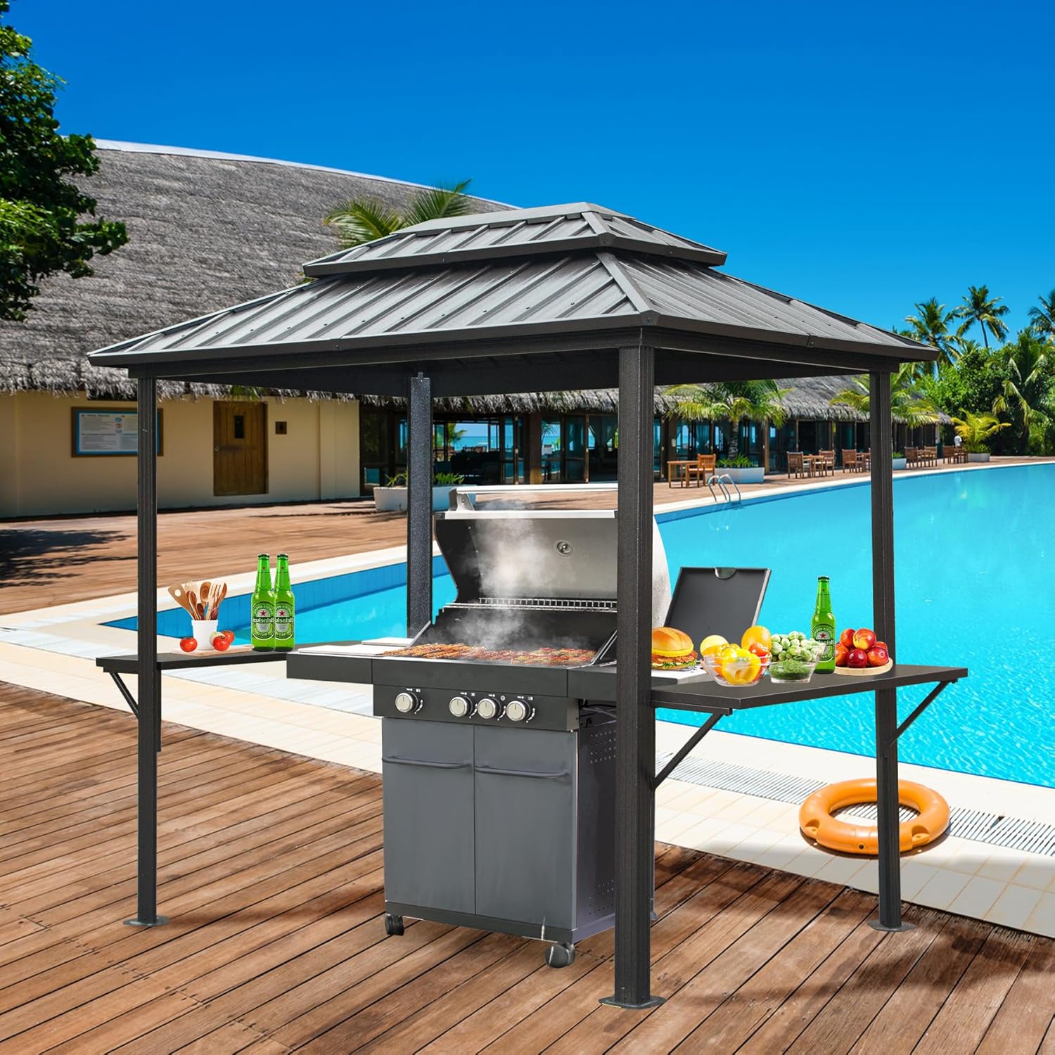 8x6FT Grill Gazebo, Aluminum BBQ Gazebos for Outdoor, Small Hardtop Grill Canopy, Barbecue Grilling Gazebo with 2 Side Shelves and Ceiling Hooks for Deck Patio- Grey