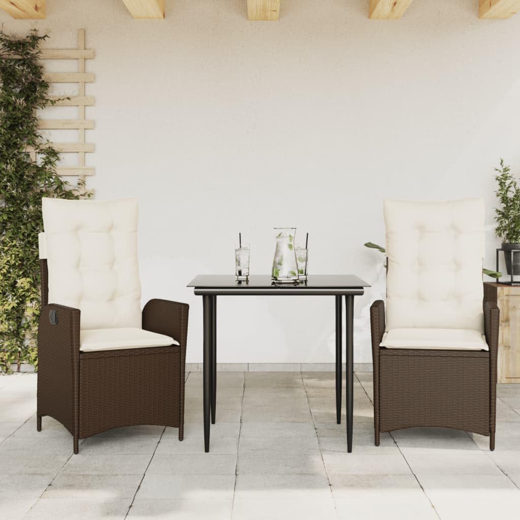 3 Piece Patio Dining Set with Cushions Brown Poly Rattan Garden Furniture