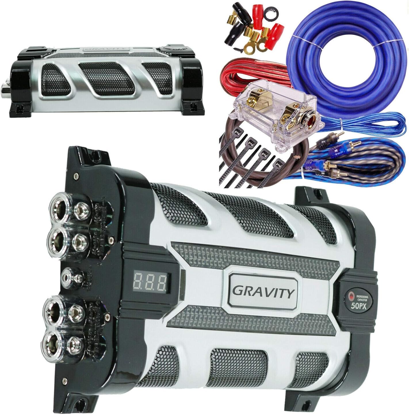 Gravity GR-50PX Car Audio Mobile Battery Stiffening Portable Power 50.0 Farad Capacitor and Completed 5000 Watts Amplifier Installation Wiring kit 0 Gauge BGC0XLB