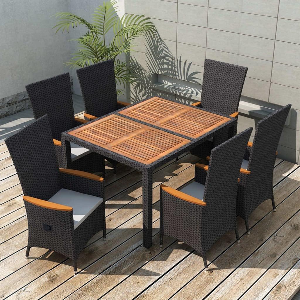 7 Piece Patio Dining Set Poly Rattan Acacia Wood Black,Rattan Patio Furniture Set: Stylish and Comfortable Outdoor Dining Patio Furniture Sets, Outdoor Furniture Sets