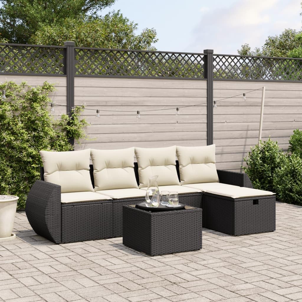 Garden Sofa Set Black Poly Rattan, Steel Frame, Tempered Glass Top, 6 Seater Outdoor Patio Furniture, UV Resistant, Easy Assembly
