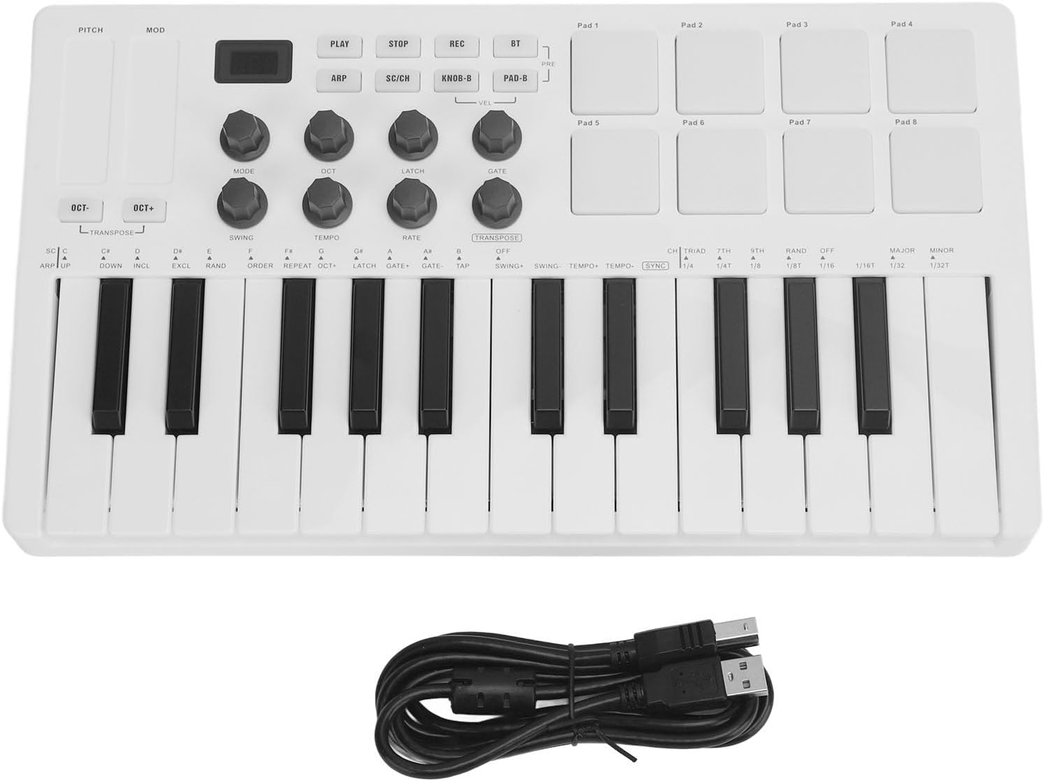 25 Key Force Sensitive MIDI Keyboard Controller, Portable and Wireles USB Keyboard with 8 Pads, 8 Knobs, for Studio Production, Compatible with Windows, OS X, iOS, Android