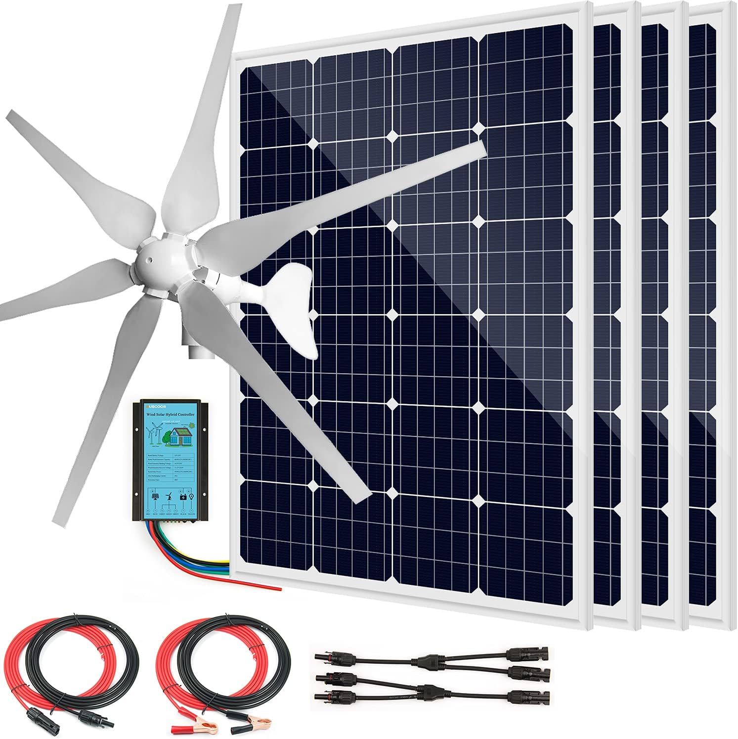 880 Watts Solar Wind Turbine Generator Power Kit: 1pc 400 Watt Wind Turbine + 4pcs 120W Mono Solar Panels + 1pc Solar Wind Hybrid Controller