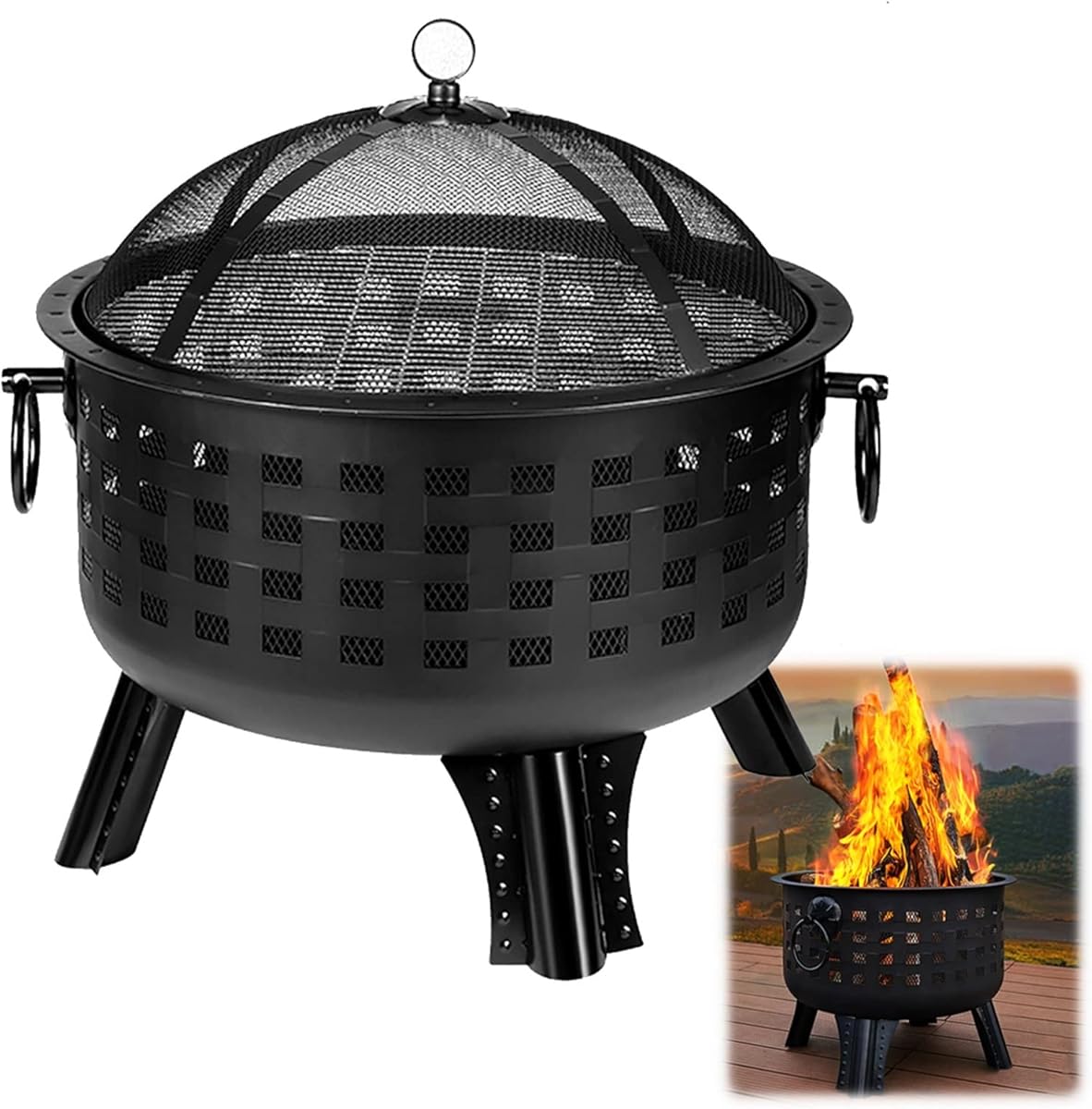 25.5inch Outdoor Wood Burning Fire Pits， Round Basin Camping Fire Pit，Household firewood Basin,with Ornate Black Base, Wood Poker, & Mesh Screen，for Patio Backyard Deck (Color : Black)