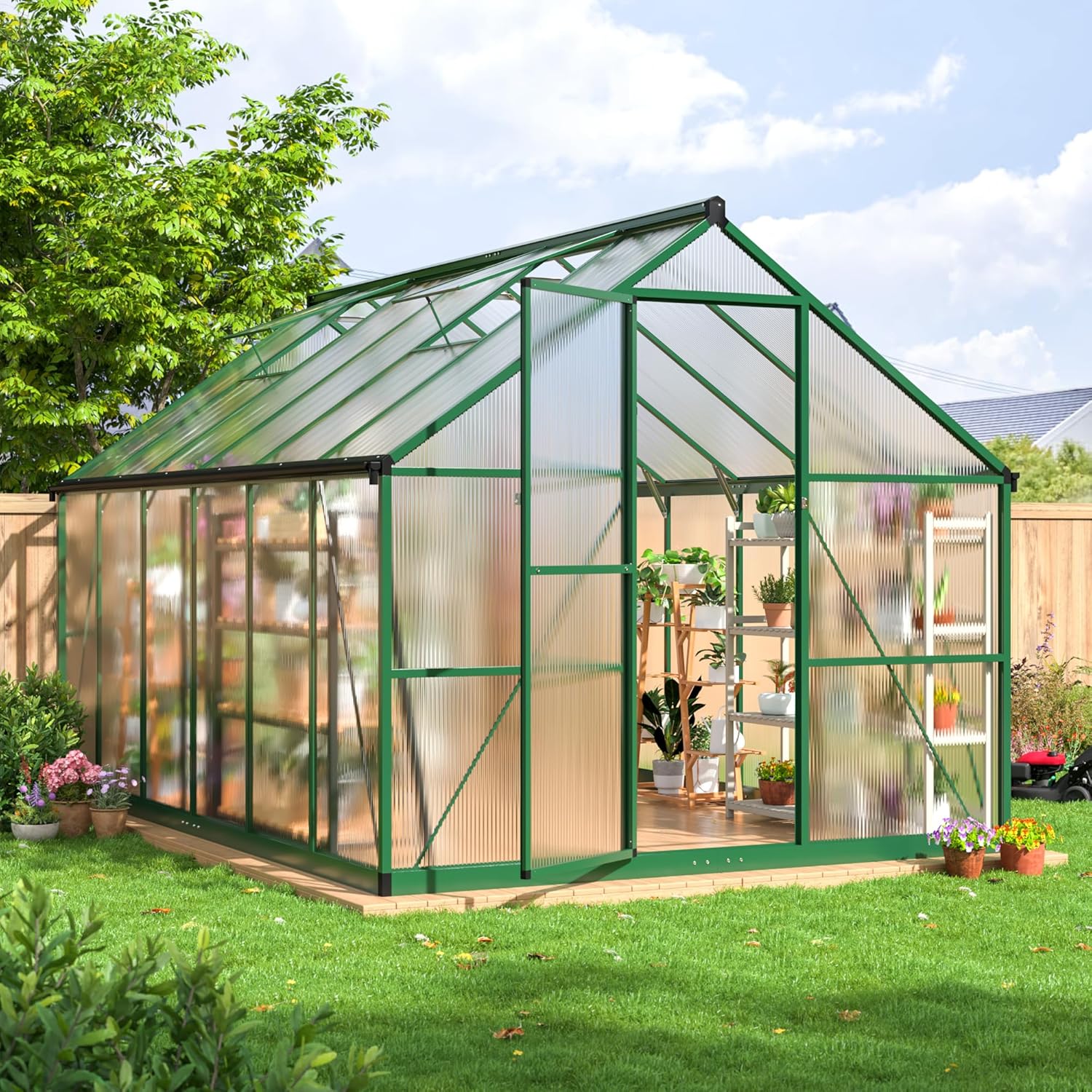 8x12 FT Greenhouse for Outdoors, Quick Setup Polycarbonate Greenhouse with Roof Vent, Aluminum Large Walk-in Green House for Outside Garden Backyard, Green