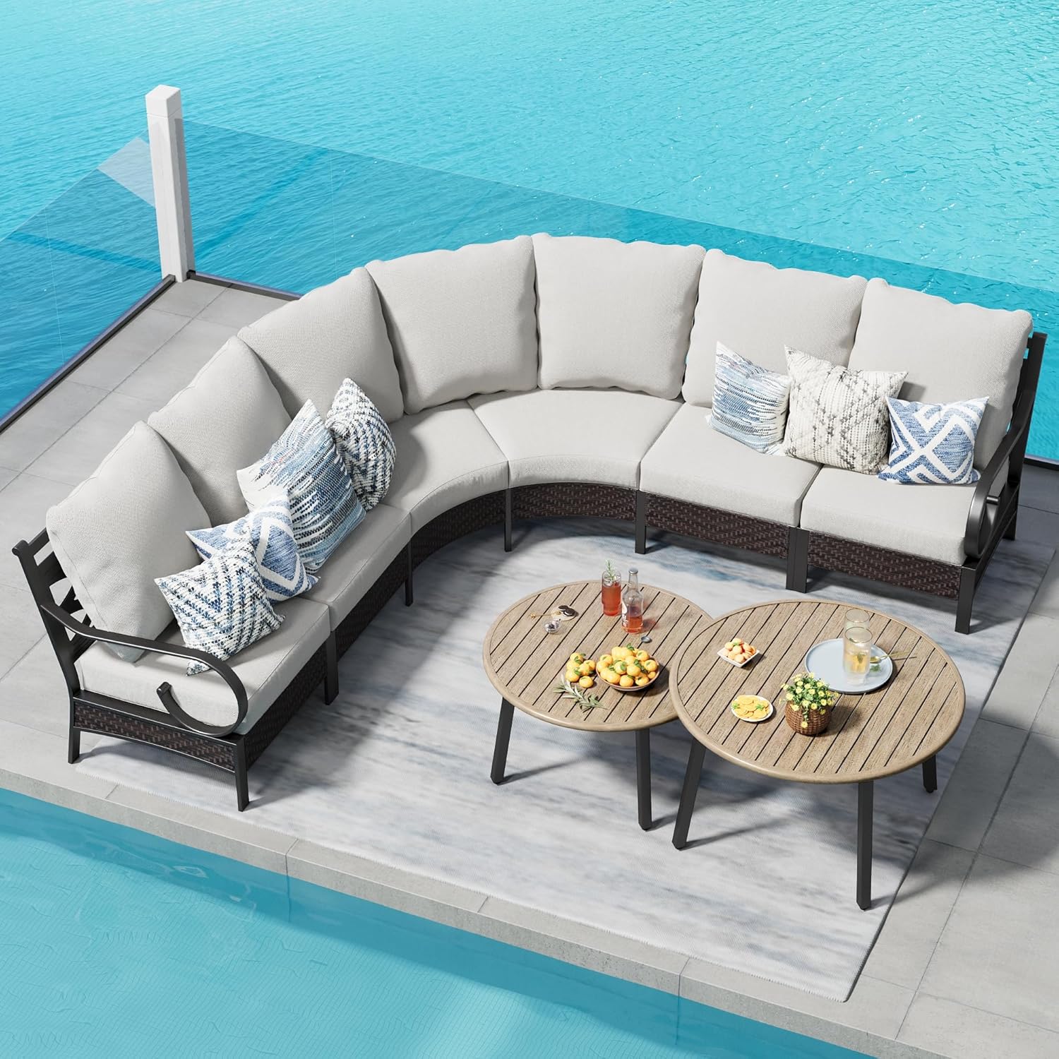 PHI VILLA Half-Moon Patio Furniture Set 8 Piece, Curved Outdoor Sectional Sofa Conversation Sets for 6 Persons with 2 Coffee Table for Garden, Poolside, Balcony, Backyard
