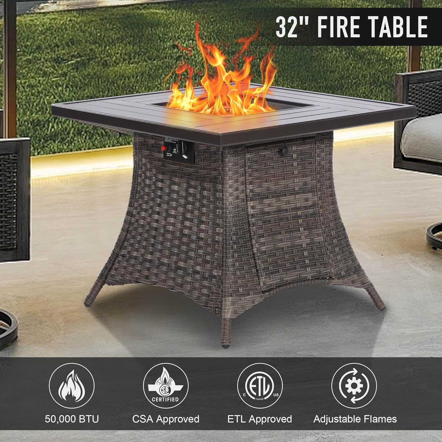 32” Fire Pit Table, 50,000 BTU Outdoor Wicker Patio Propane Firepit, 2 in 1 Propane Fire Pit for Patio, Deck, Backyard
