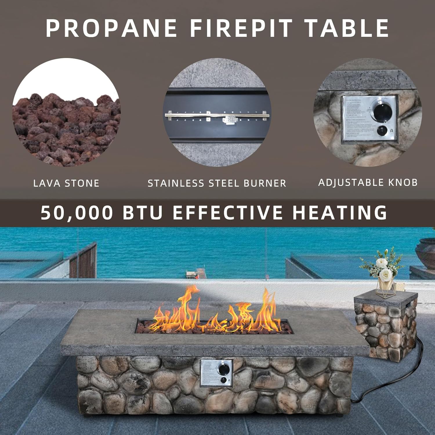 Afterglow Firepits All Terrafab External Gas Tank for Outdoor Use Rectangular 50000 Btu, for Outside Patio Backyard Garden, Gray