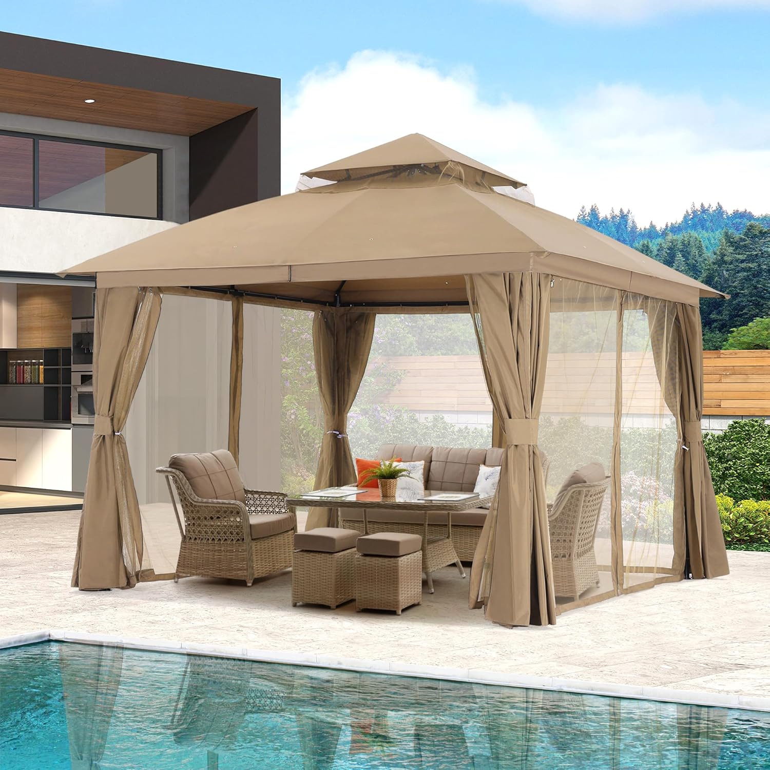 MASTERCANOPY 11'x11' Outdoor Patio Arch Gazebo with Double Roofs, Mosquito Nettings and Privacy Screens for Backyard, Garden, Lawn, Khaki