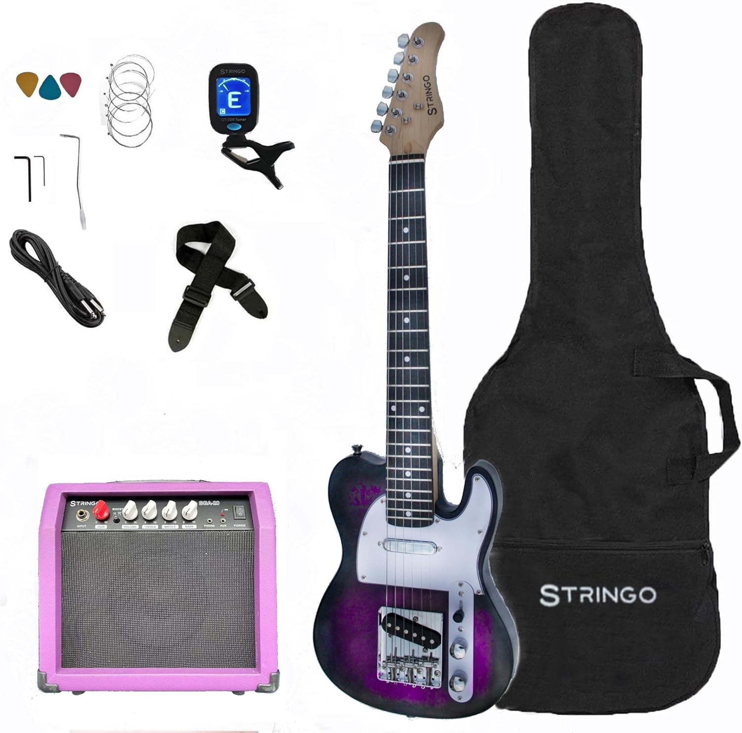 Purple 30 Inch Kids Electric Guitar Beginner Kit Set Tele Style,Includes, 20W Amplifier 3 Picks, Shoulder Strap, Tuner, Bag Case