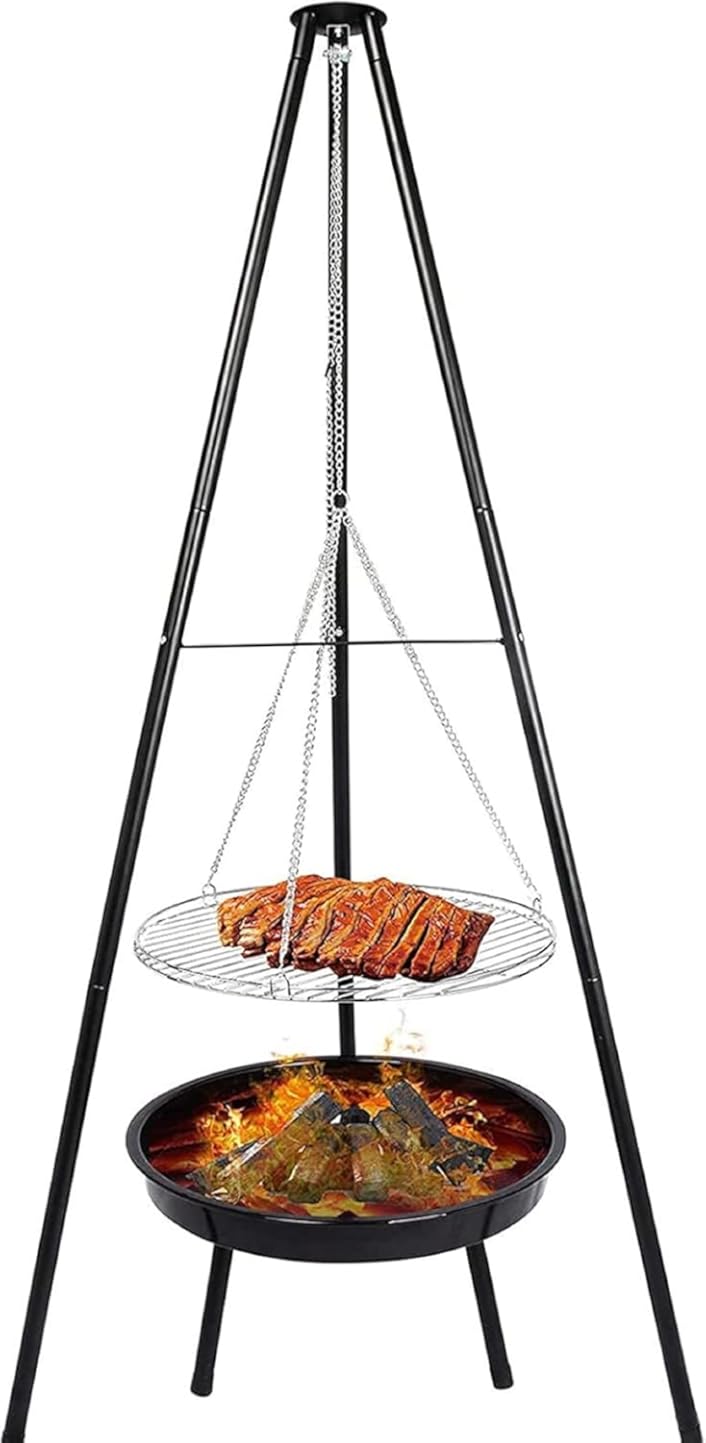 Camping Fire Pit Portable, Outdoor Height-Adjustable Hanging Tripod with Stainless Steel Barbecue Net and Charcoal Barbecues Grill Tall Garden Patio Heater for Campfire Cooking Pot Rack black