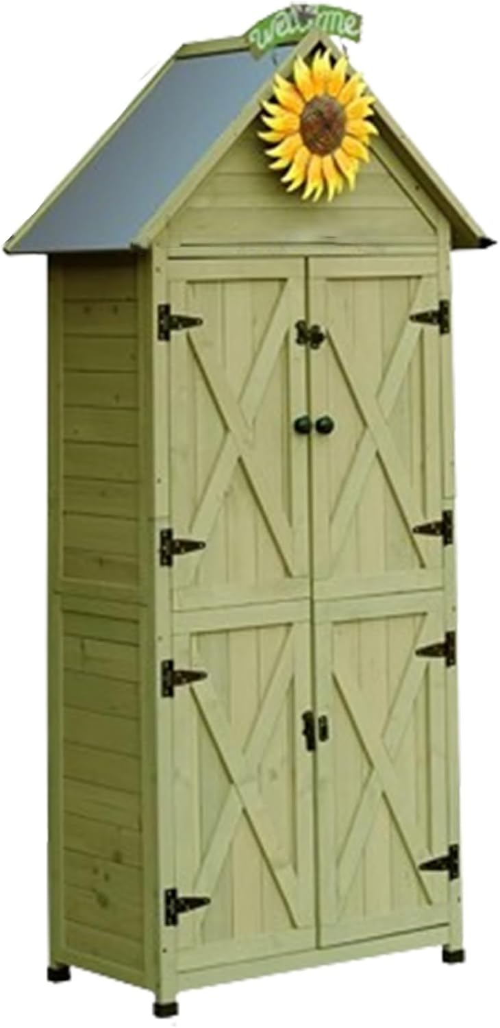 Garden Tool Storage Cabinet, Solid Wood Tool Cabinet Organizer W/Wooden Latches and Water-Proof Roof for Patio, Backyard, Lawn, Natural (One Color Green)