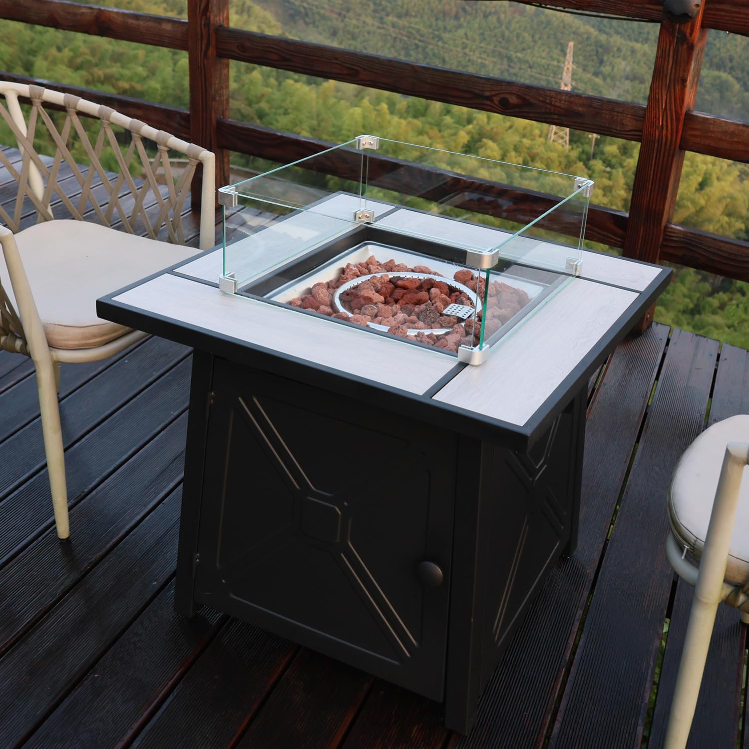 28 Inch Outdoor Fire Table with Ceramic Tile Tabletop Square Propane Fire Pit Table 50,000 BTU Gas FirePit Fire Table with Glass Wind Guard(L) Waterproof Cover Gloves Steel Lid and Lava Rock