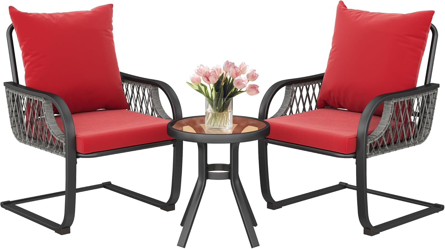 YITAHOME 3-Piece Outdoor Patio Bistro Set, All-Weather Rattan Conversation Chairs, Wicker Furniture C Spring Motion Chairs for Backyard, Balcony and Deck with Soft Cushions, Glass Side Table, Red