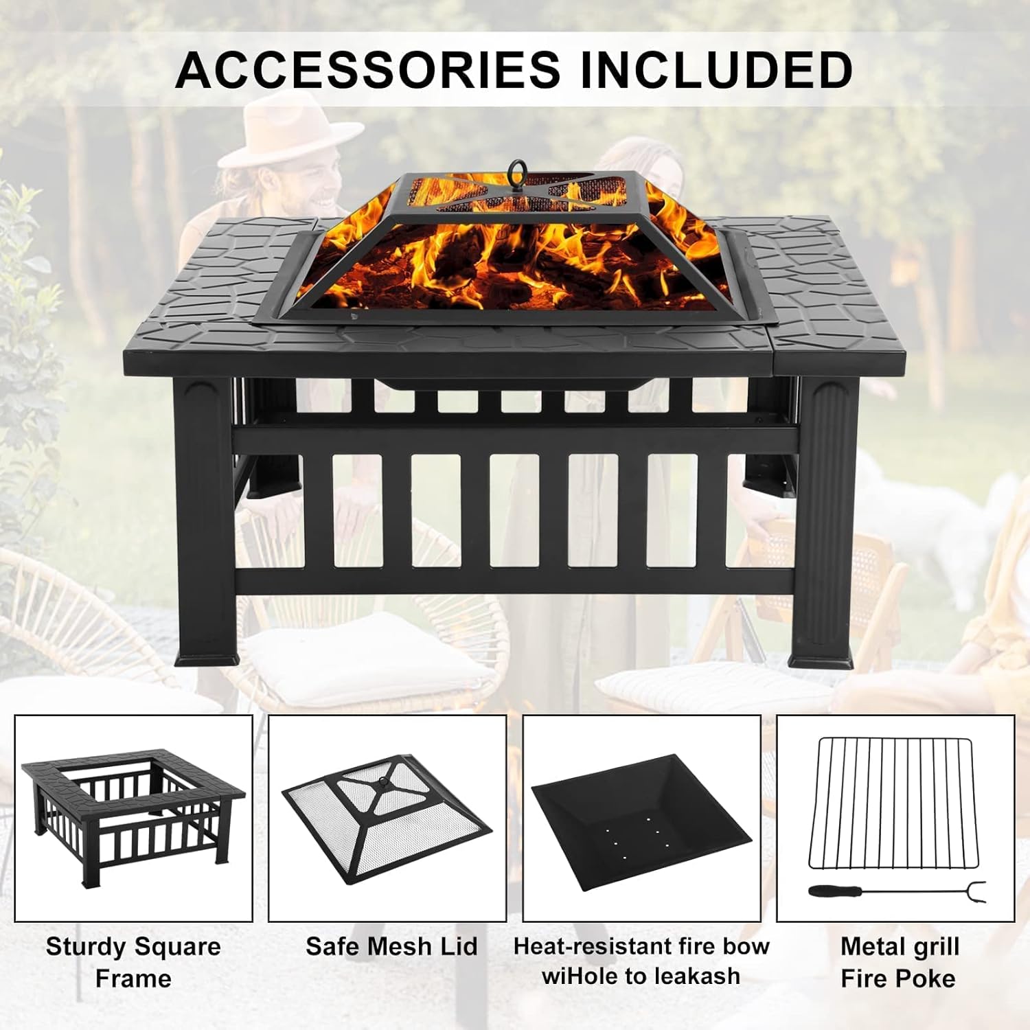 Fire Pit 32 inch Fire Pits for Outside Firepit Multi-Purpose Metal Fire Pit Outdoor Wood Burning Fire Pit Table with Spark Screen & Safety Poker for Camping, Picnic, BBQ, Backyard, Patio