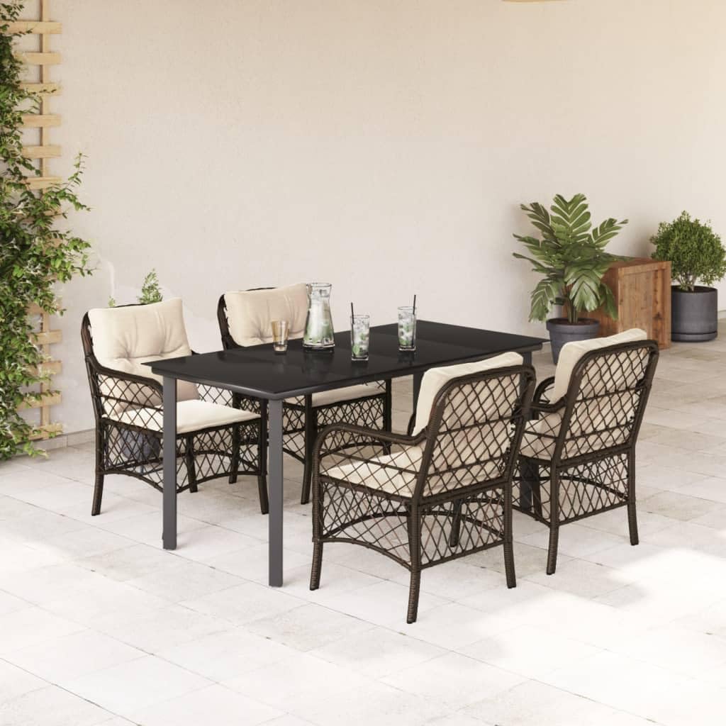 Furniture Sets 5 Piece Patio Dining Set with Cushions Brown Poly Rattan,Rattan Outdoor Dining Set with Comfortable Cushions and Durable Tempered Glass Tabletop for Garden, Patio, and Backyard Garden C