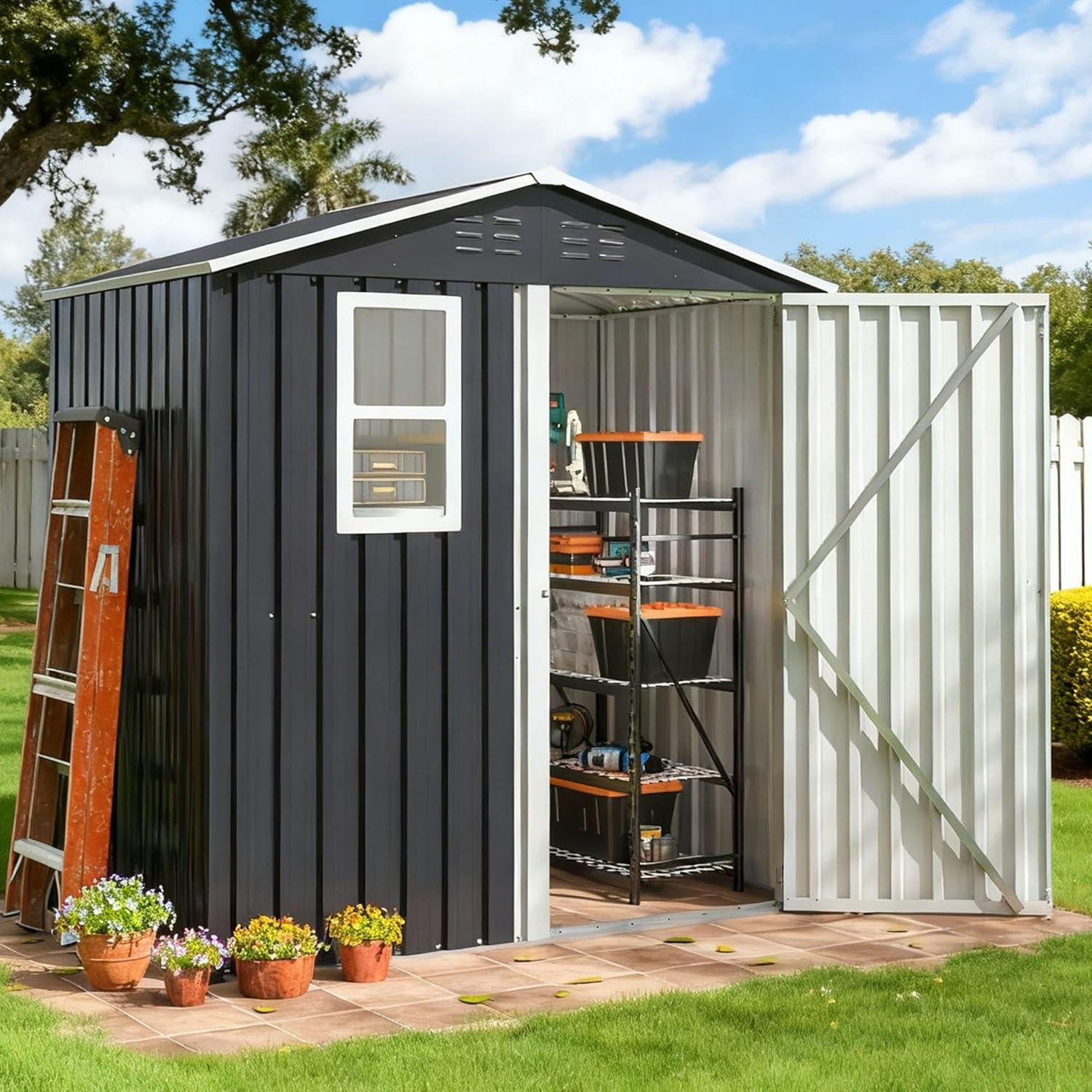5.9x4 FT Outdoor Storage Shed, Metal Garden Tool Shed with Updated Frame Structure, Lockable Doors and Windows, Ideal for Backyard Garden Patio Lawn, Grey