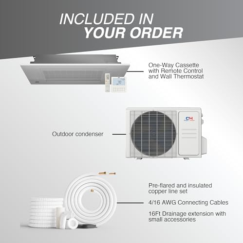 Cooper & Hunter 6,000 BTU Single Zone One-Way Ceiling Cassette Ductless Mini Split Air Conditioner & Heat Pump – 22.1 SEER2 – Smart Wall Thermostat – 25FT Installation Kit – 230V