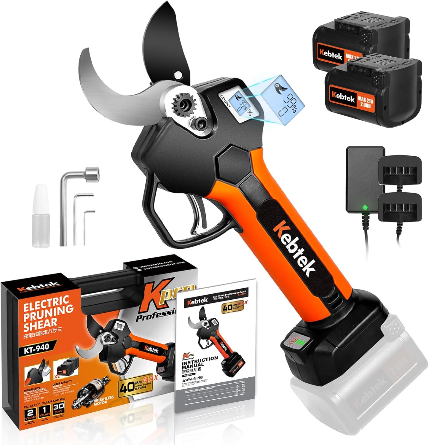 Cordless Electric Pruning Shears 40MM, Kebtek Professional Pruning Shears Battery Powered 18V Brushless Motor 2Pack 2AH Rechargeable Battery-LCD Display Screen (KT940)
