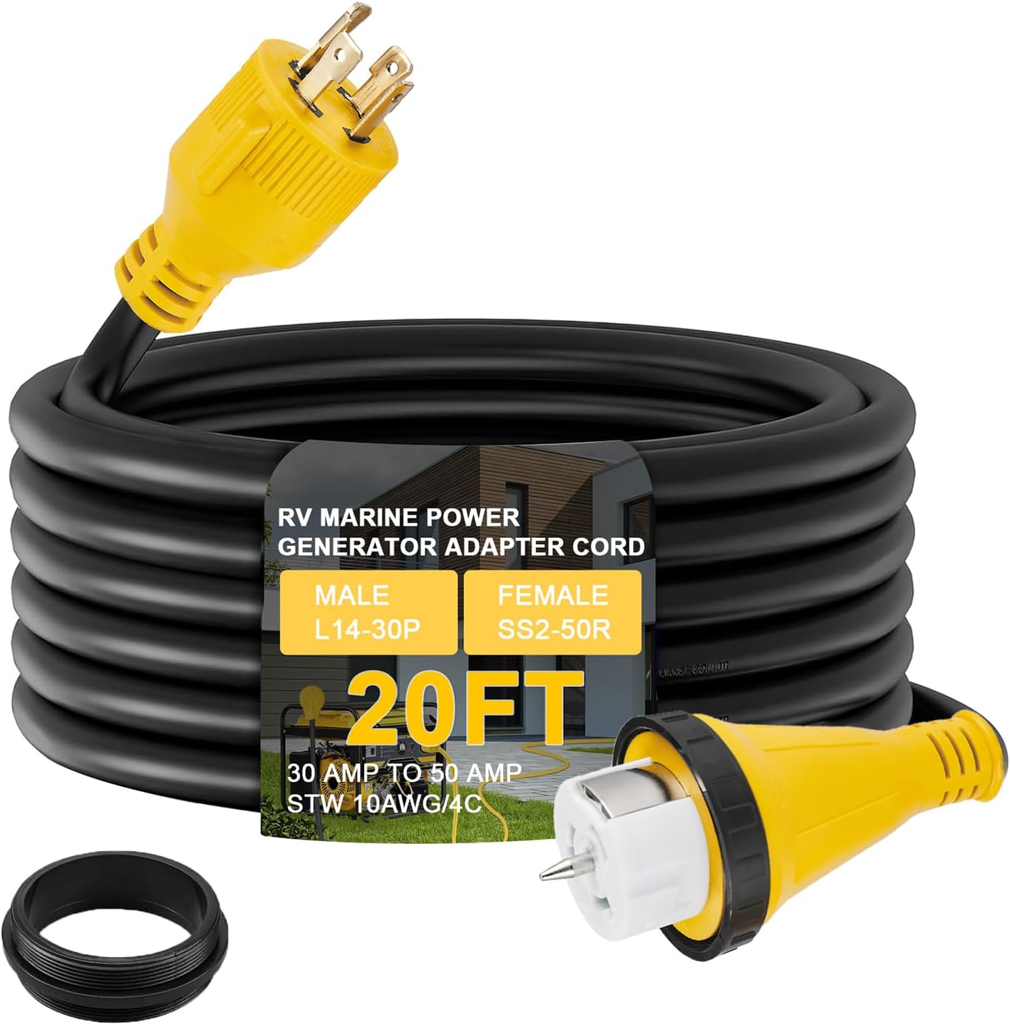 20ft NEMA L14-30P to SS2-50R RV Marine Power Generator Adapter Cord, 30Amp Twist Lock Generator L14-30P Male to 50Amp Marine Shore Power SS2-50R Female with Locking Ring, ETL Listed