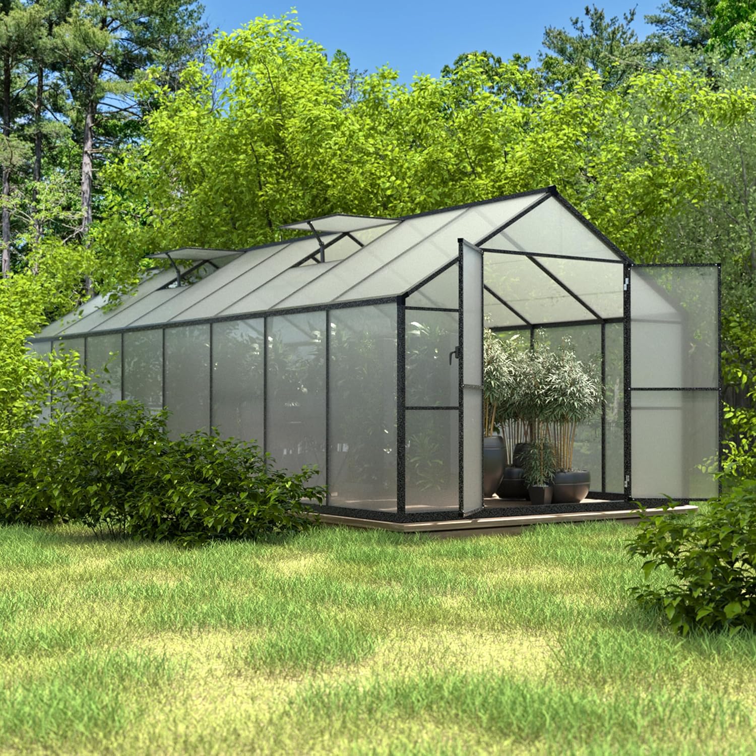 8x16 FT Polycarbonate Aluminum Greenhouse Kit, Outdoor Walk-in Green House with Adjustable Roof Vents and Lockable Door, Backyard Garden in Winter, Gray