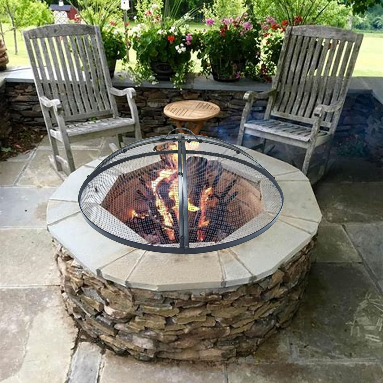 Heavy-Duty Metal 36 INCH Round Fire Pit Spark Screen Cover Mesh Screen Guard with Ring Handle for Outdoor Patio Backyard, Black