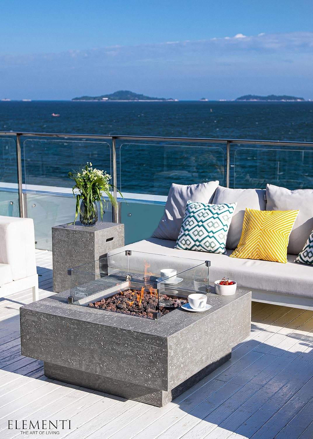 Elementi Manhattan Gas Fire Pit Bundle Concrete Fire Table, Outdoor Fire Pit Electronic Ignition | Canvas Cover, Lava Rock Included | Free AMS Wind Guard | Light Gray (Propane Gas)