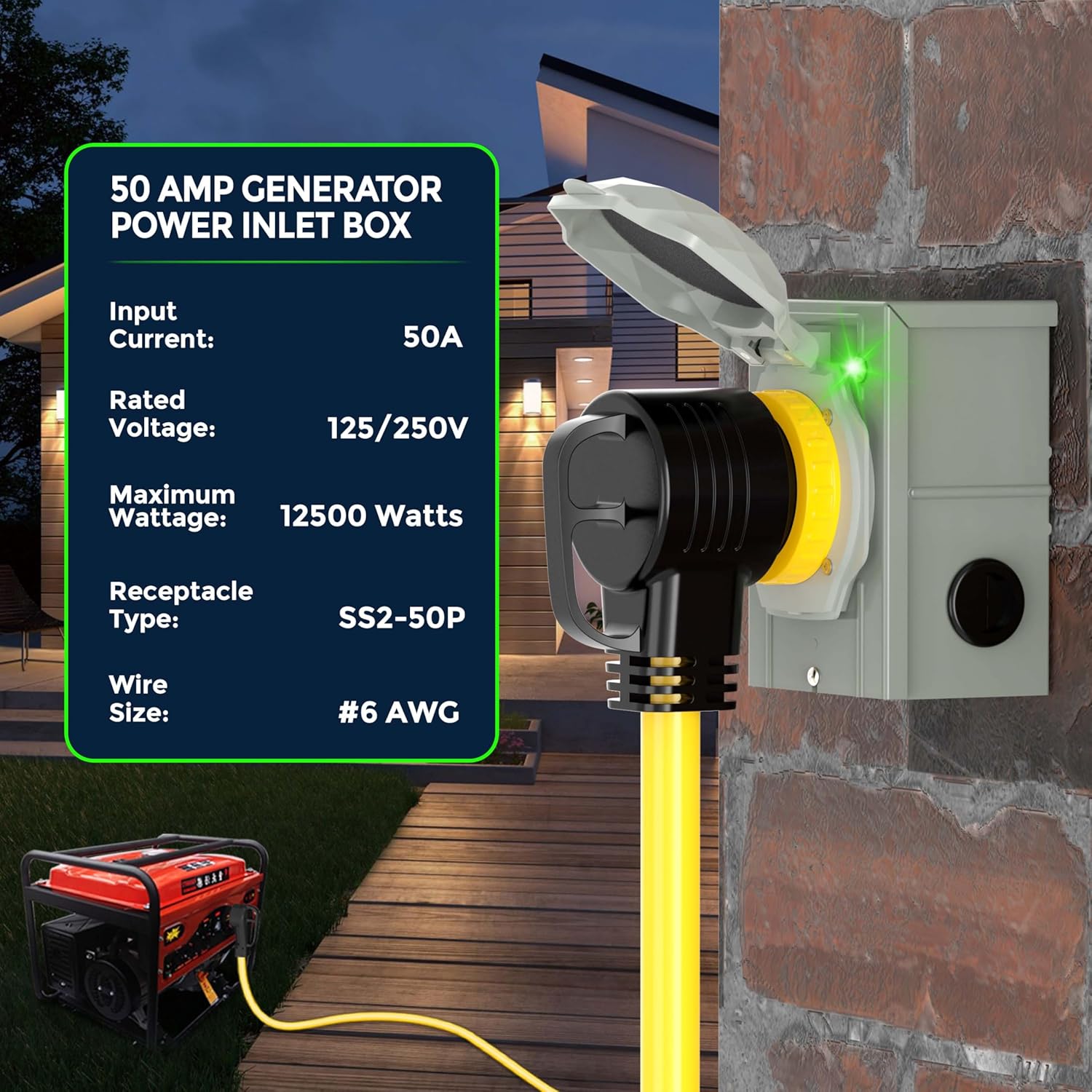 50 Amp 20 Feet Generator Cord with Inlet Box Kit, Heavy Duty 6/3+8/1 AWG STW Wire, NEMA 14-50P to SS2-50R Twist Locking, Newly Designed 90 Degree Grip Handle for Generator to House