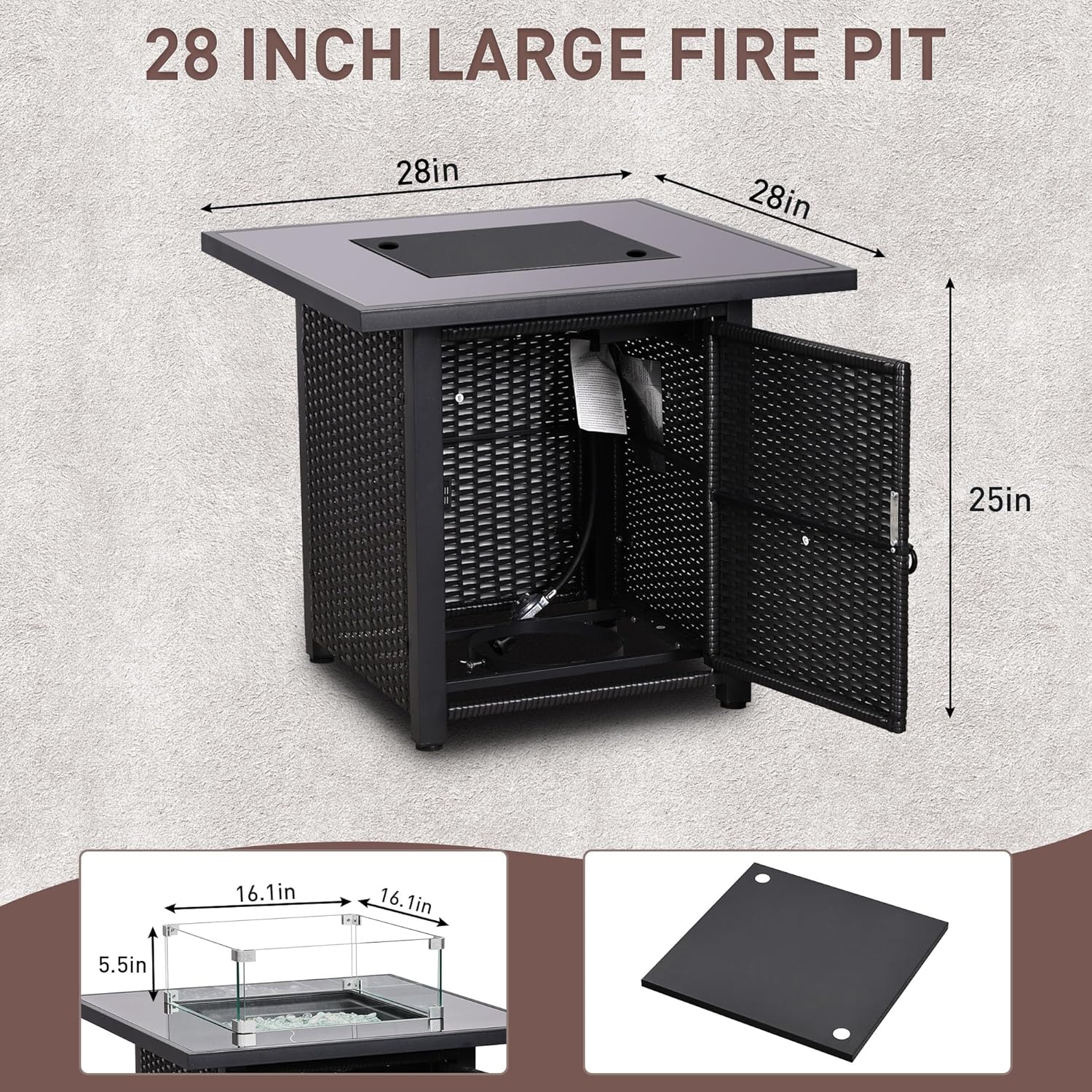 Ainfox 28 Inch Outdoor Fire Pit Table, 50,000 BTU Propane Fire Pit with Lid and Wind Glass Shield, Rattan 3-in-1 Fire Table for Patio, Backyard, Garden