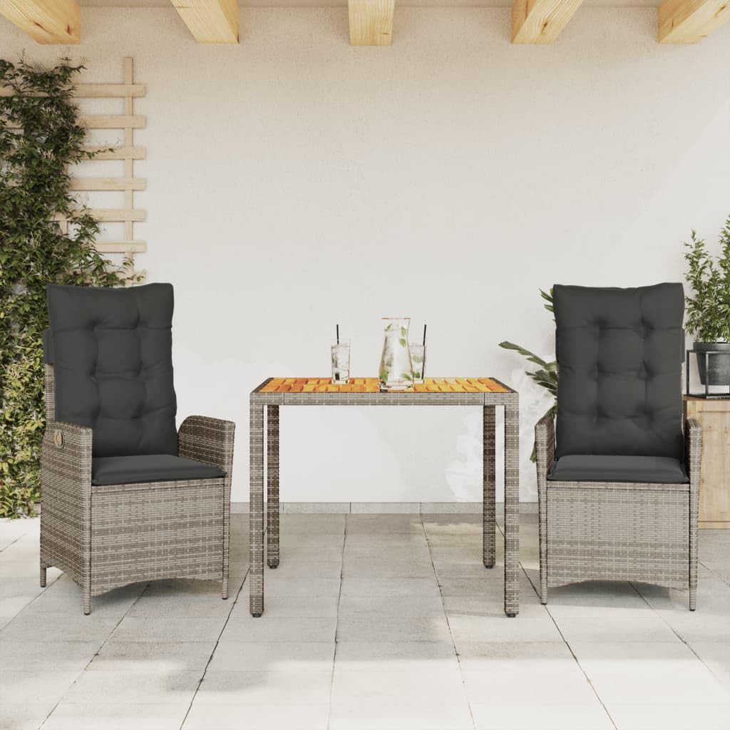 3 Piece Grey Rattan Garden Dining Set, Outdoor Table and Chairs with Reclining Seats, Patio Furniture for Balcony, Weather-Resistant Poly Rattan
