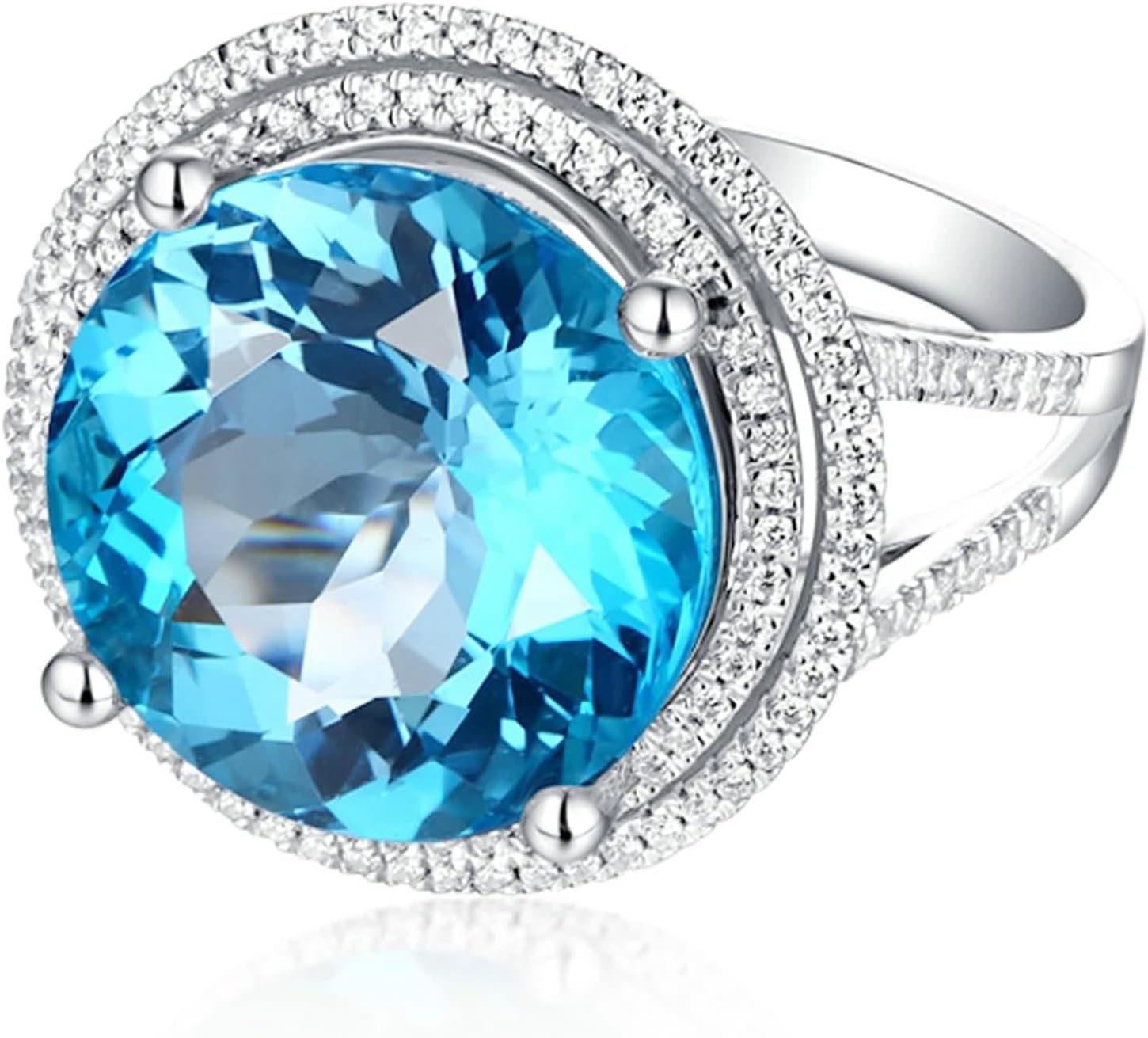 Engagement Rings for Women Halo, 18K White Gold Ring Round Brilliant 12ct Big Blue Topaz Gift for Her