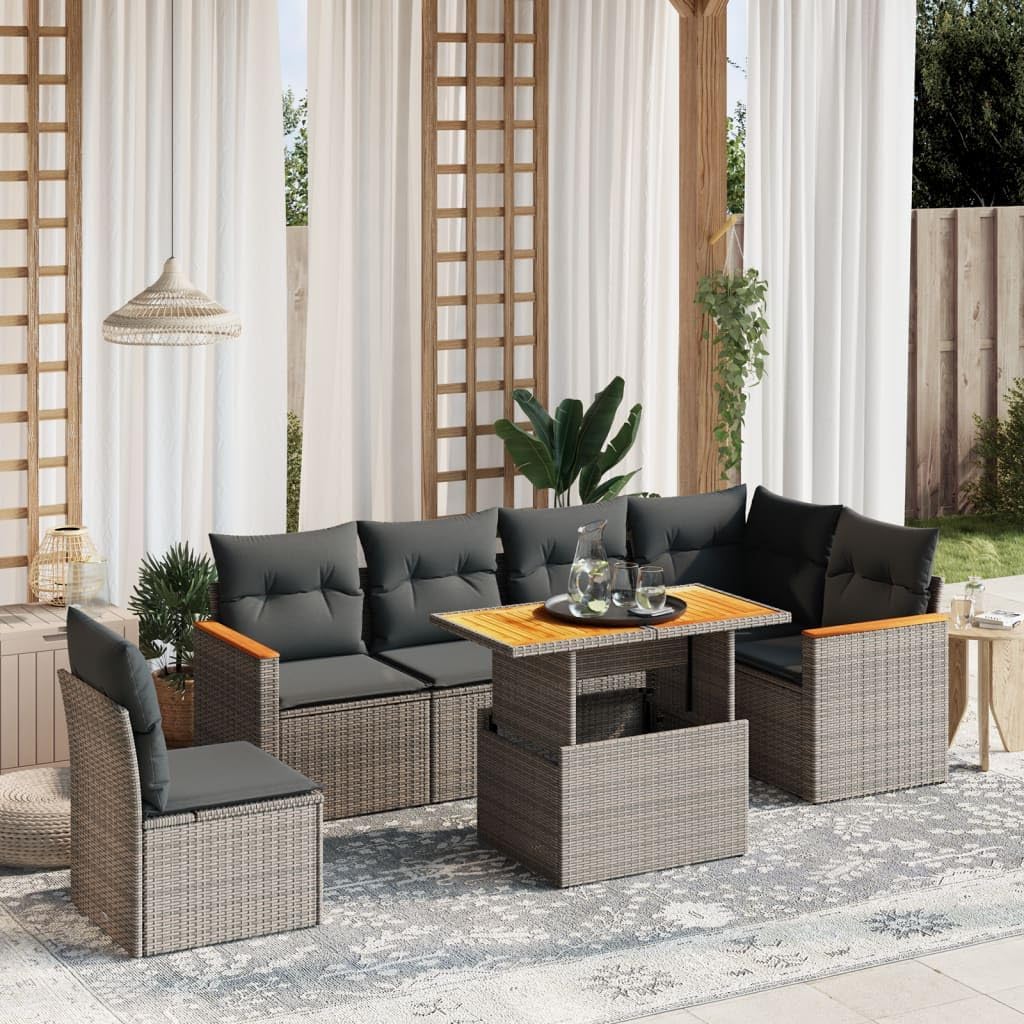 7-Piece Garden Sofa Set, Grey Poly Rattan Outdoor Furniture, Modular Patio Dining Table and Chairs Set, Durable Balcony Furniture for Relaxation