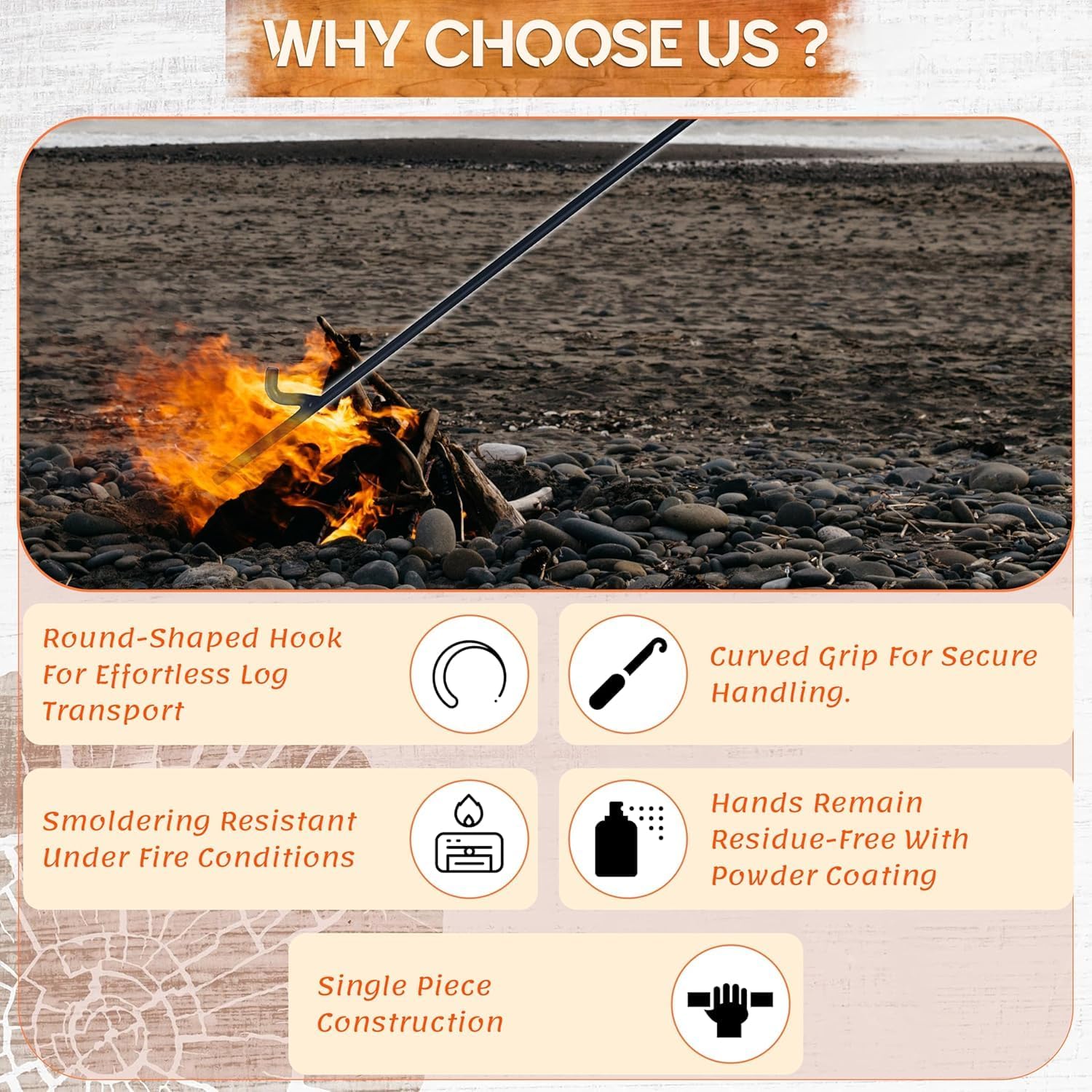 FEBTECH - Firepit Poker - 36 Inch Long Poker - Black Powder Coated Fireplace Poker - Camping Essentials & Fireplace Tools - Firepit Poker for Outside pits & Indoor Hearth (6 Piece)